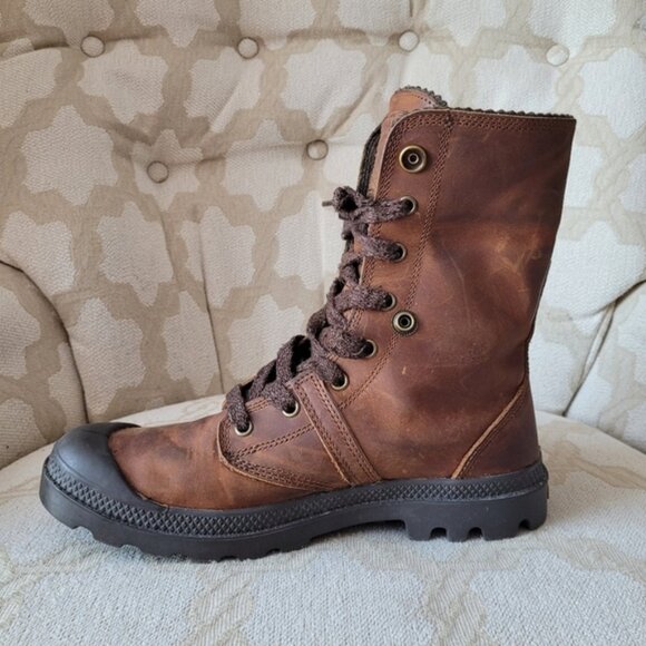 Palladium Pallabrouse Baggy Foldover Leather Boots Felt Lined Lace Up Brown 8.5 - Picture 9 of 14